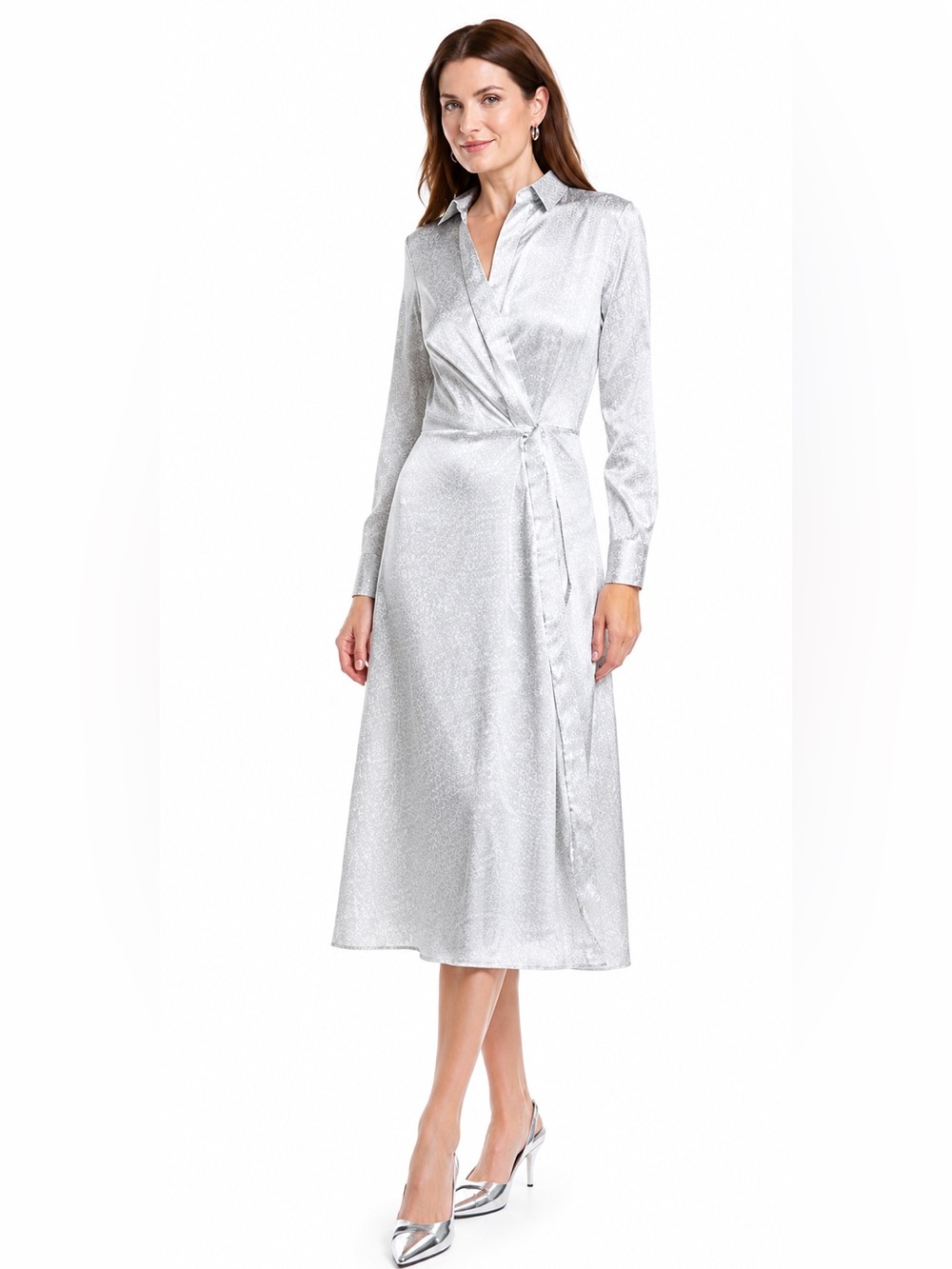 Rag & Bone NEW $598 Danica Satin Wrap Shirt Dress SZ 2 Silver Gray Jacquard Midi
